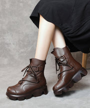 Casual Lace Up Splicing Platform Boots Dark Brown Cowhide Leather Fuzzy Wool Lined