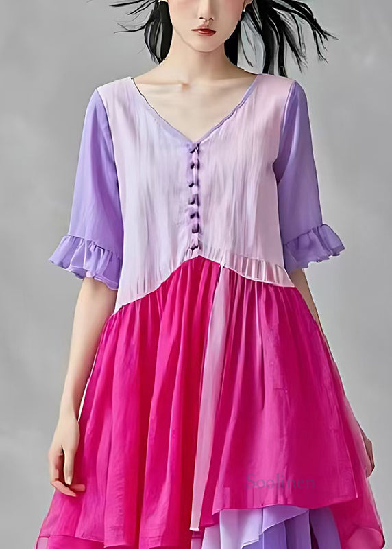 Casual Lavender V Neck Patchwork Cotton Maxi Dresses Summer