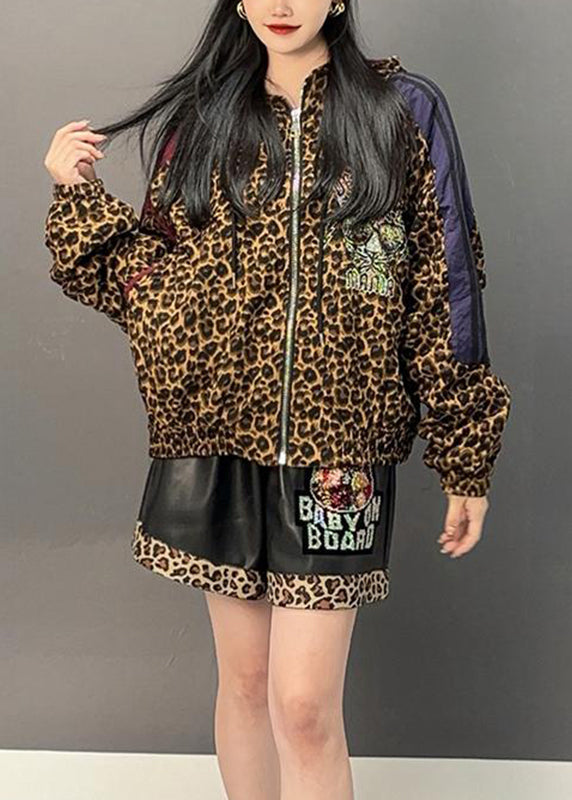 Casual Leopard Patchwork Zippered Hoodies Coats Spring