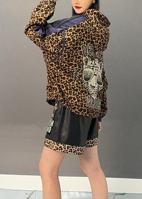 Casual Leopard Patchwork Zippered Hoodies Coats Spring