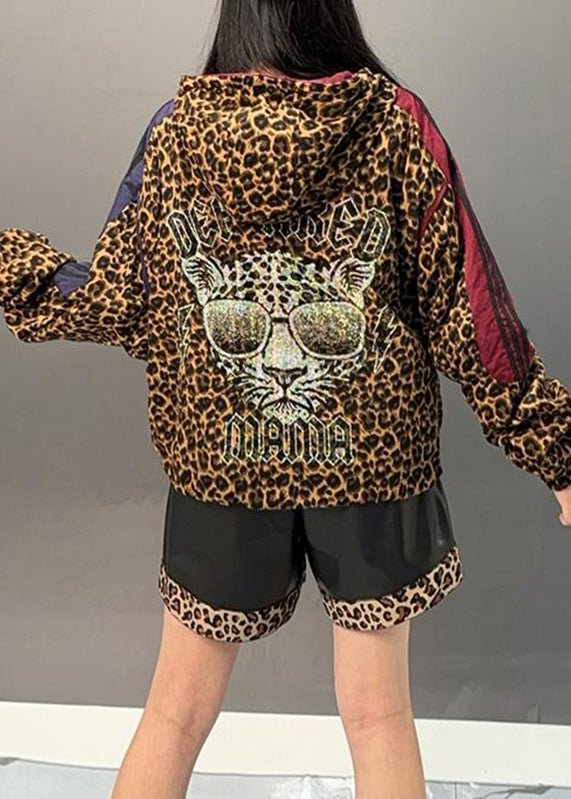 Casual Leopard Patchwork Zippered Hoodies Coats Spring