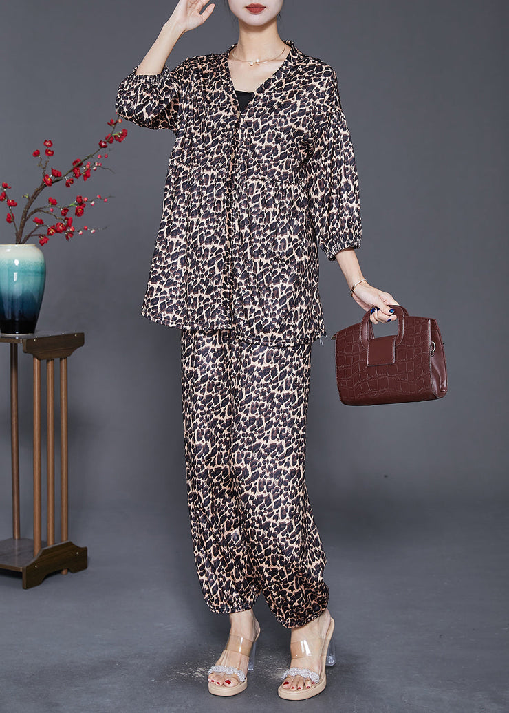 Casual Leopard Print Oversized Cotton Two-Piece Set Fall