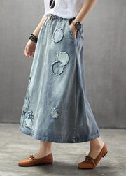 Casual Light Blue Elastic Waist Patchwork Cartoon Embroideried Tulle Denim Skirts Spring