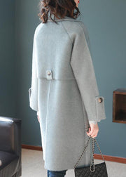 Casual Light Blue Lapel Pockets Thick Woolen Trench Fall