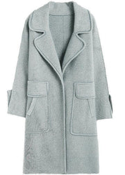 Casual Light Blue Lapel Pockets Thick Woolen Trench Fall