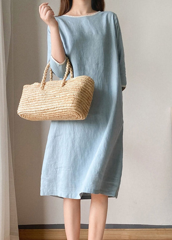 Casual Light Blue O-Neck Linen Dress Half Sleeve