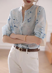 Casual Light Blue Print Linen Top Bracelet Sleeve