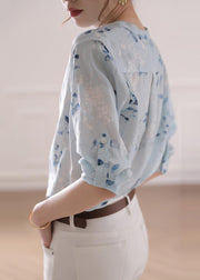 Casual Light Blue Print Linen Top Bracelet Sleeve