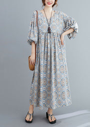 Casual Light Blue Print Wrinkled Long Dresses Lantern Sleeve