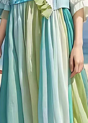 Casual Light Blue Ruffled Patchwork Wrinkled Linen Dress Summer