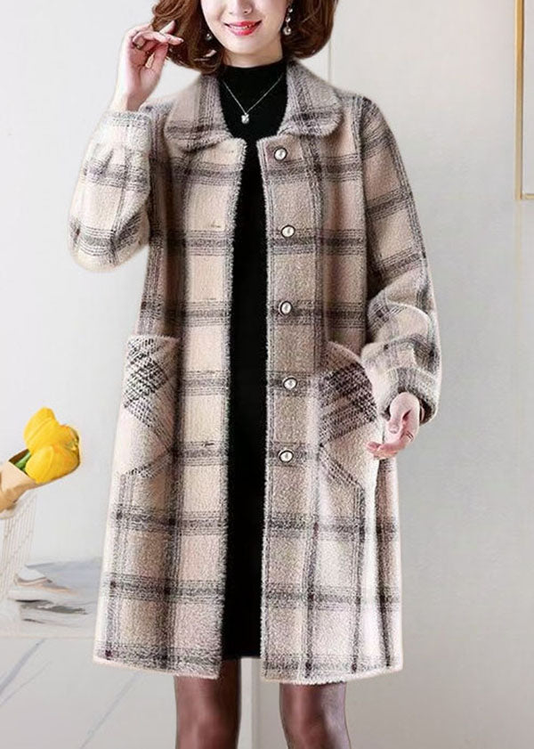 Casual Light Camel Peter Pan Collar Pockets Plaid Mink Hair Knitted Coats Winter