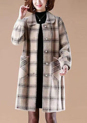 Casual Light Camel Peter Pan Collar Pockets Plaid Mink Hair Knitted Coats Winter