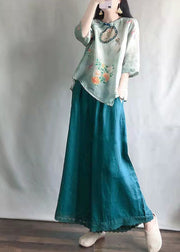 Casual Light Green O-Neck Print Shirts And Maxi Skirts Two Pieces Set Summer