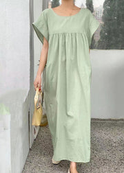 Casual Light Green V Neck Wrinkled Patchwork Cotton Dresses Summer