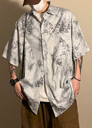 Casual Light Grey Button Print Pockets Ice Silk Mens Shirt Half Sleeve