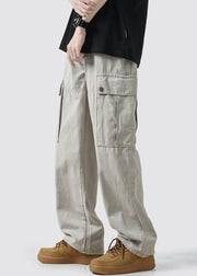 Casual Light Grey Pockets High Waist Cotton Mens Crop Pants Spring