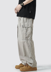 Casual Light Grey Pockets High Waist Cotton Mens Crop Pants Spring