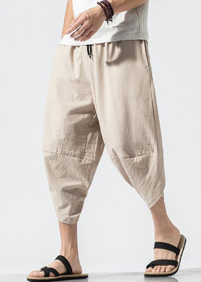 Casual Light Khaki Striped Elastic Waist Cotton Men Crop Pants Summer