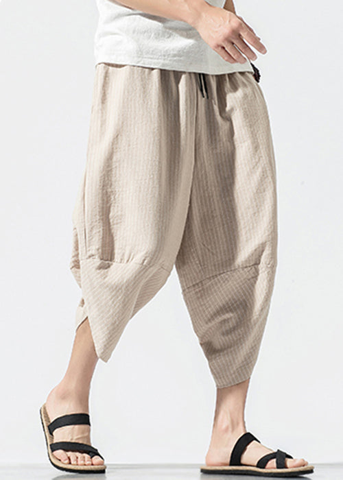 Casual Light Khaki Striped Elastic Waist Cotton Men Crop Pants Summer