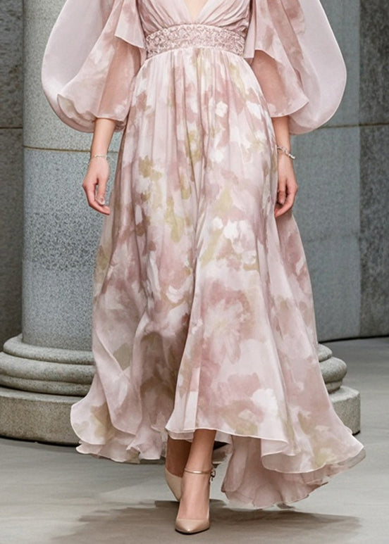 Casual Light Pink Puff Sleeve Print Chiffon Cinched Dress