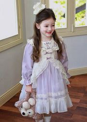 Casual Light Purple Embroideried Patchwork Tulle Kids Maxi Dress Puff Sleeve