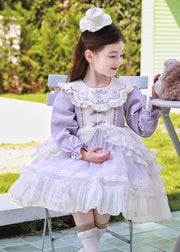 Casual Light Purple Embroideried Patchwork Tulle Kids Maxi Dress Puff Sleeve