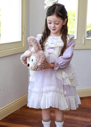 Casual Light Purple Embroideried Patchwork Tulle Kids Maxi Dress Puff Sleeve