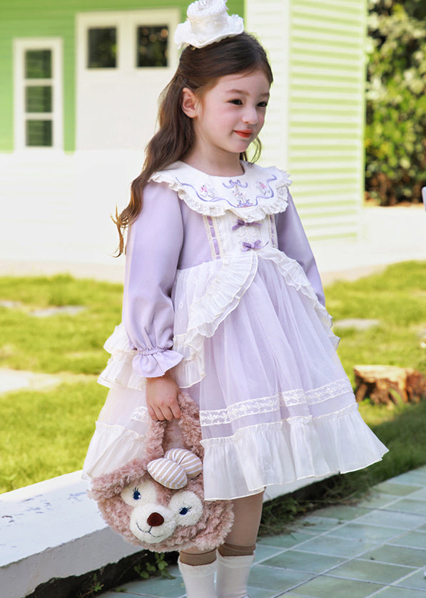 Casual Light Purple Embroideried Patchwork Tulle Kids Maxi Dress Puff Sleeve