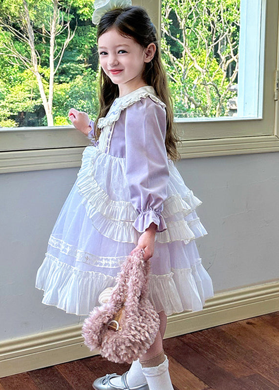 Casual Light Purple Embroideried Patchwork Tulle Kids Maxi Dress Puff Sleeve