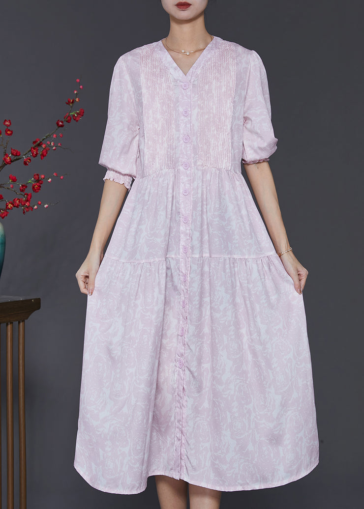 Casual Light Purple Print Wrinkled Cotton Dress Summer