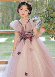 Casual Light Purple V Neck Sequins Tulle Girls Maxi Dress Summer