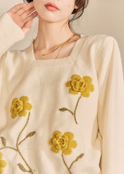 Casual Light Yellow Square Collar Floral Cotton Knit Sweaters Winter