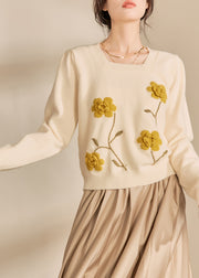 Casual Light Yellow Square Collar Floral Cotton Knit Sweaters Spring