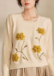 Casual Light Yellow Square Collar Floral Cotton Knit Sweaters Spring