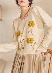 Casual Light Yellow Square Collar Floral Cotton Knit Sweaters Winter