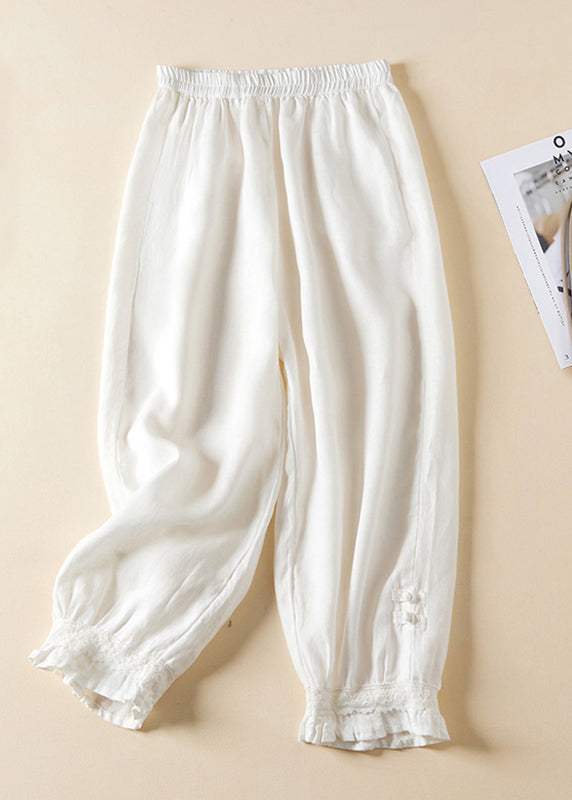 Casual Linen Lace Button Elastic Waist Harem Pants Summer