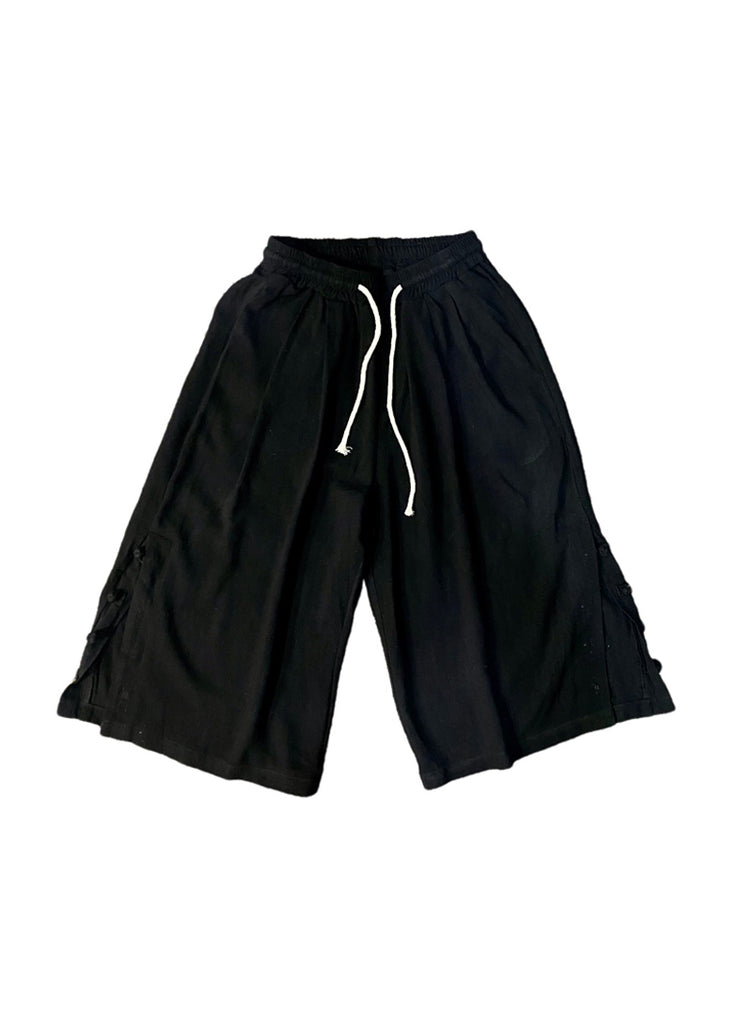Casual Linen Pockets Button Elastic Waist Cotton Men Crop Pants Summer
