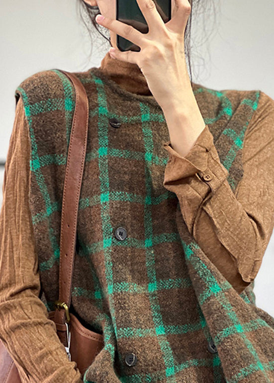 Casual Loose Coffee Green O Neck Plaid Knit Vest Sleeveless