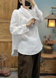 Casual Loose Coffee Turtle Neck Linen Top Long Sleeve