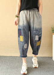 Casual Loose Gradient Color Elastic Waist Ripped Jeans Summer