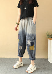 Casual Loose Gradient Color Elastic Waist Ripped Jeans Summer