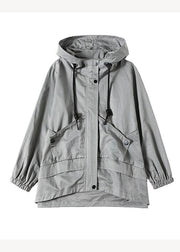 Casual Loose Grey Pockets Patchwork Cotton Hooded Coat Fall