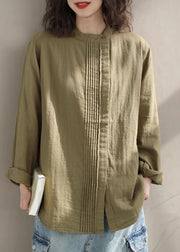 Casual Loose Khaki Stand Collar Wrinkled Cotton Shirts Top Spring