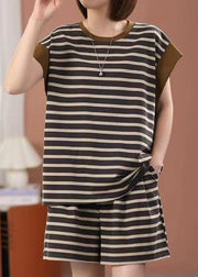 Casual Loose O Neck Striped Cotton Two Pieces Set Summer