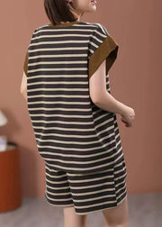 Casual Loose O Neck Striped Cotton Two Pieces Set Summer