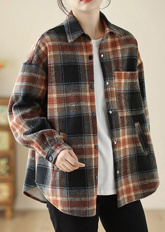 Casual Loose Peter Pan Collar Plaid Warm Fleece Shirt Top Spring