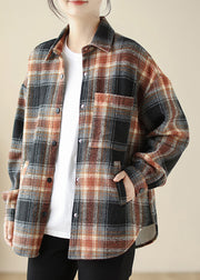 Casual Loose Peter Pan Collar Plaid Warm Fleece Shirt Top Spring