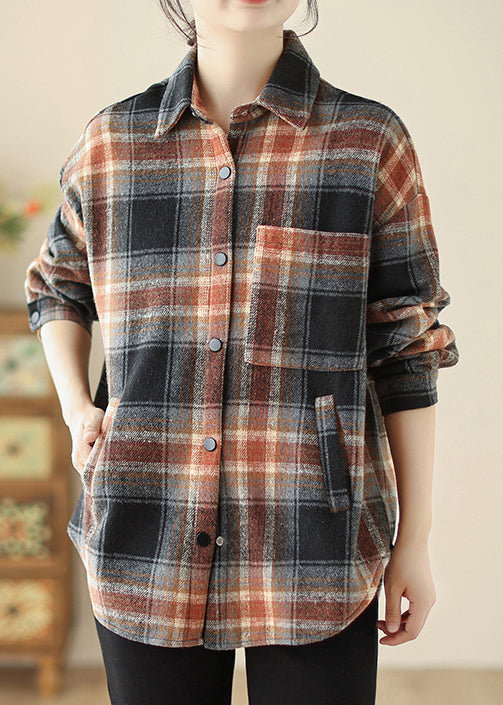 Casual Loose Peter Pan Collar Plaid Warm Fleece Shirt Top Spring