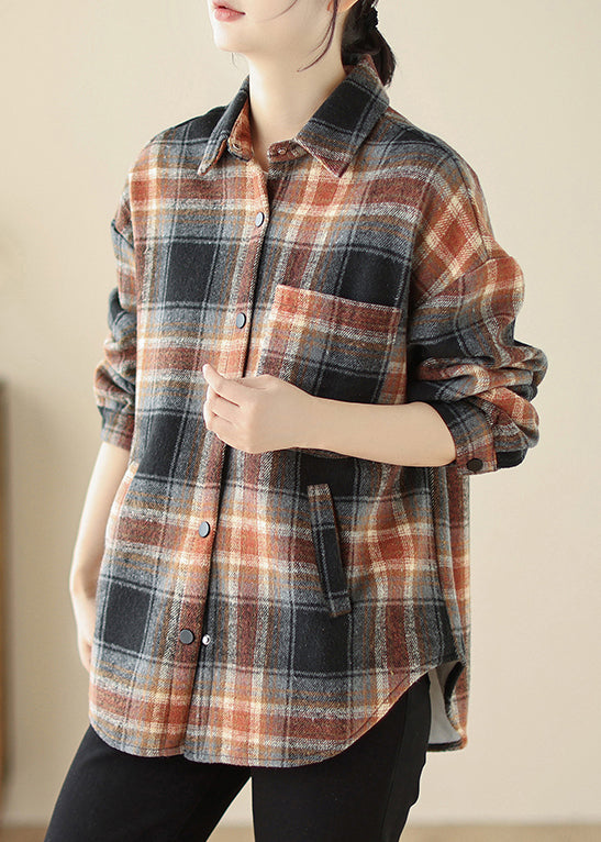 Casual Loose Peter Pan Collar Plaid Warm Fleece Shirt Top Spring