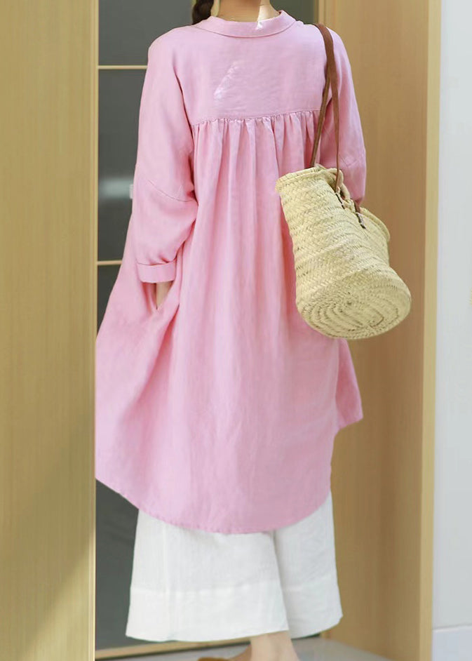 Casual Loose Pink Peter Pan Collar Mid Cotton Shirt Top Spring